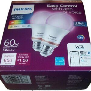 Philips Wiz connected 2-Pack bundle A19 LED Wi-Fi Smart Bulb full color, 60W
